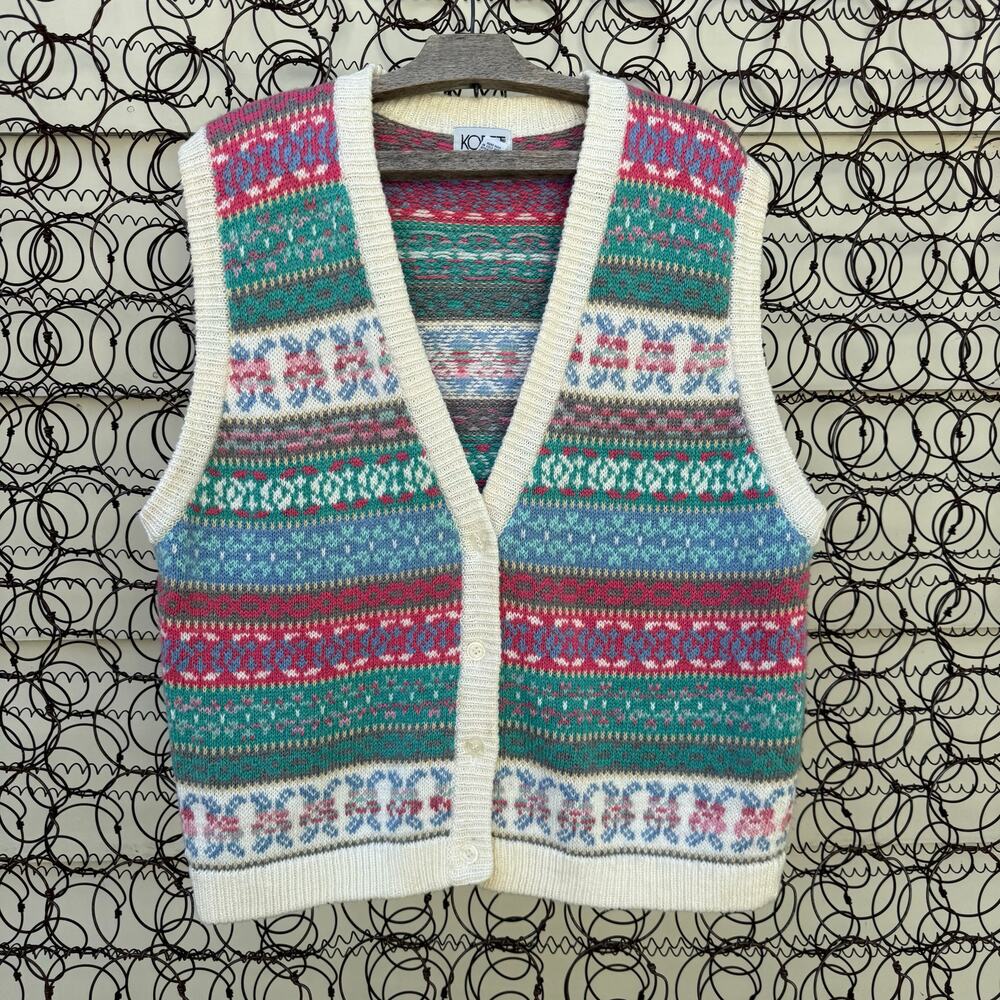 Vintage 90s Koret Grannycore Lagenlook Fair Isle Knit Sweater Vest Pink Blue XL